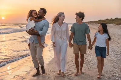 Blended Family Walking on Beach at Sunset