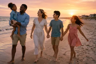 Family Walking on Beach at Sunset