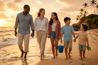 Family Walking Along Beach at Sunset