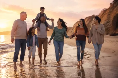 Blended Family Walking on Beach at Sunset