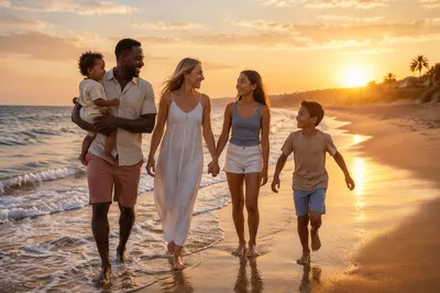 Multigenerational Family Walking on Beach at Sunset