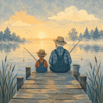 Grandfather and Boy Fishing at Sunrise