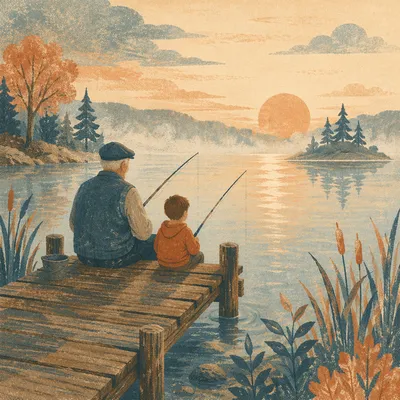 Grandfather and Boy Fishing at Sunrise