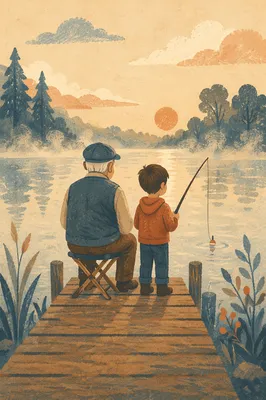 Grandfather and Boy Fishing at Sunrise
