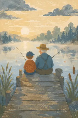 Grandfather and Boy Fishing at Sunrise