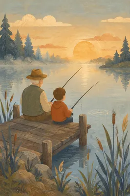 Grandfather and Boy Fishing at Sunrise