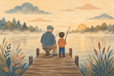Grandfather and Boy Fishing at Sunrise
