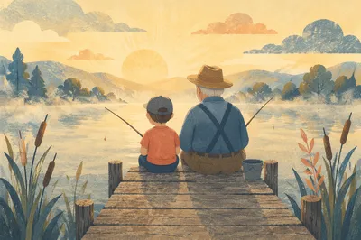 Grandfather and Boy Fishing at Sunrise