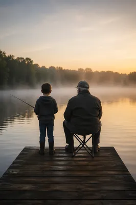 Grandfather and Boy Fishing at Sunrise