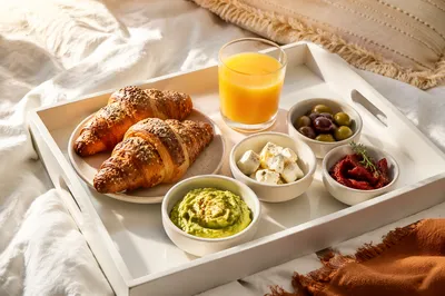 Cozy Breakfast Tray on White Linen