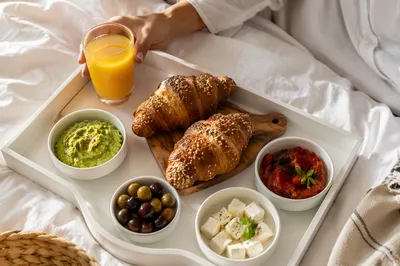 Morning Breakfast Tray With Pastries and Juice