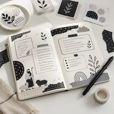 Monochrome Bullet Journal Flat Lay with Washi Tape