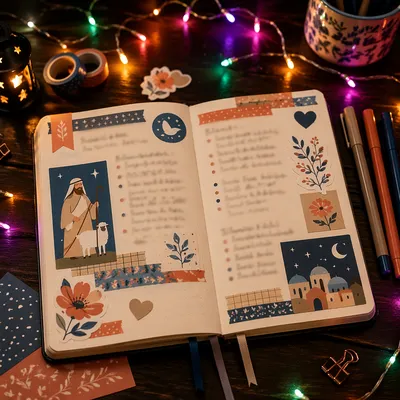 Cozy Bullet Journal Flat Lay with Stickers