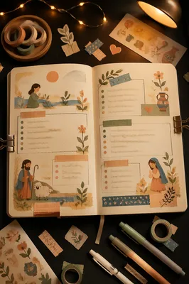 Cozy Bullet Journal Flat Lay with Stickers