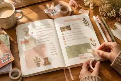 Cozy Bullet Journal Desk with Pastel Stickers