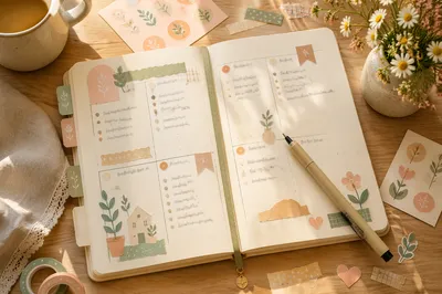 Cozy Bullet Journal Desk Morning Scene