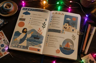 Cozy Bullet Journal Flat Lay Evening