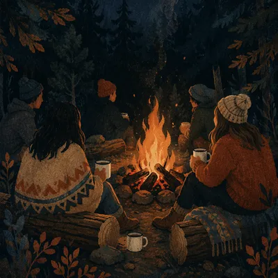 Friends Around Campfire in Forest Night