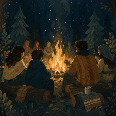 Quiet Campfire Circle in Forest Night