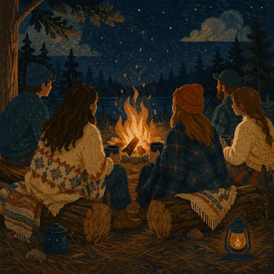 Friends Around Campfire in Forest Night