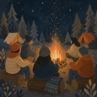Friends Around Campfire in Forest Night