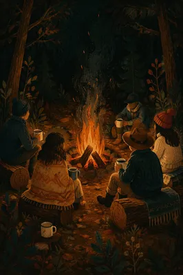 Friends Around Campfire in Forest Night