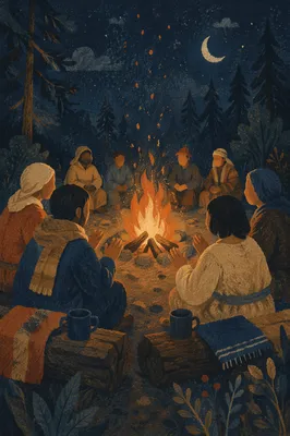 Night Campfire Circle in Forest Clearing