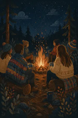 Friends Around Campfire in Forest Night