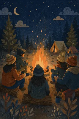 Friends Around Campfire in Forest Night
