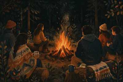 Friends Around Campfire in Forest Night