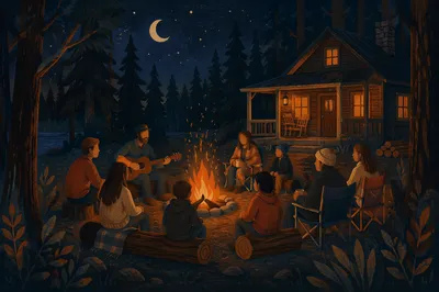 Cozy Night Campfire Circle by Cabin