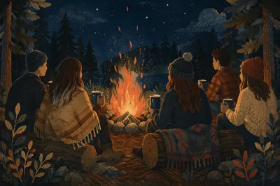 Friends Around Campfire in Forest Night