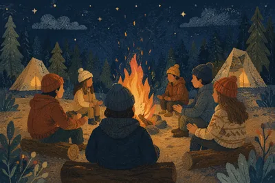 Friends Around Campfire in Forest Night