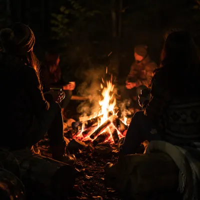 Friends Around Campfire in Forest Night