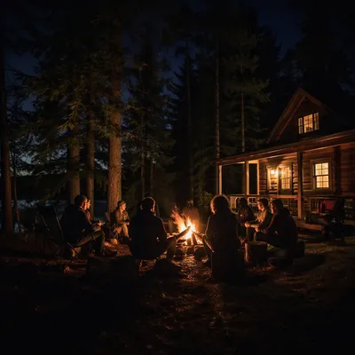 Cozy Night Campfire Gathering by Cabin