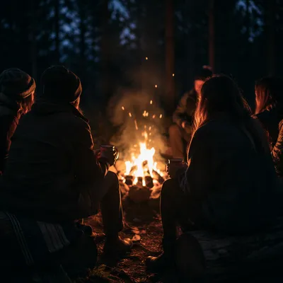 Friends Around Campfire in Forest Night