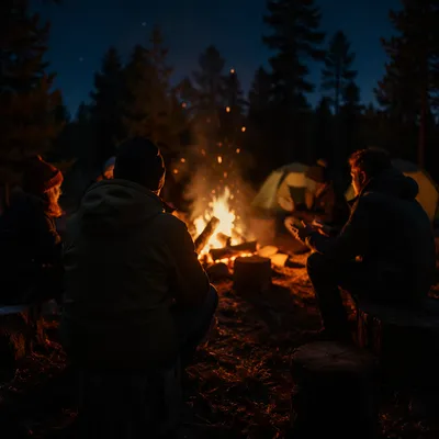 Friends Around Campfire in Forest Night