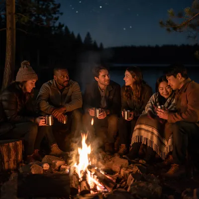 Friends Around Campfire by Lakeside at Night