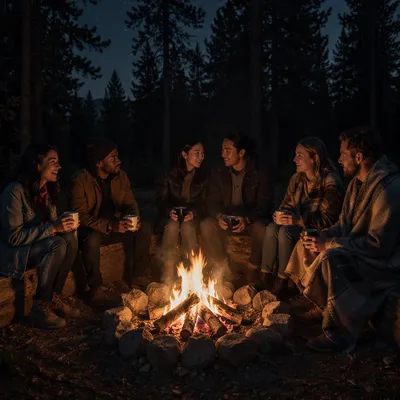 Friends Around Campfire in Forest Night