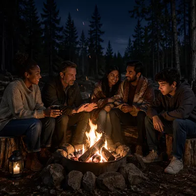 Friends Around Campfire in Forest Clearing