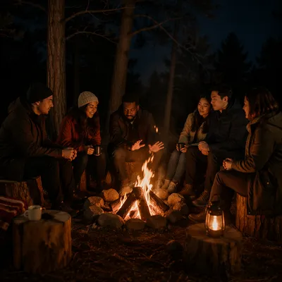 Friends Around Campfire in Forest Night