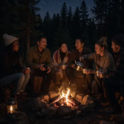 Friends Around Campfire in Forest Night