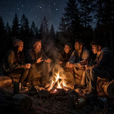 Friends Around Campfire in Forest at Night