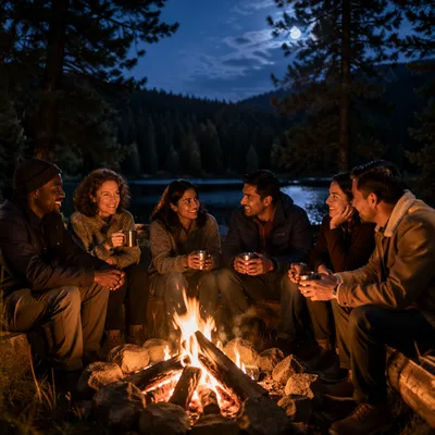Friends Around Campfire by Forest Lake