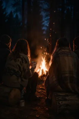 Friends Around Campfire in Forest Night