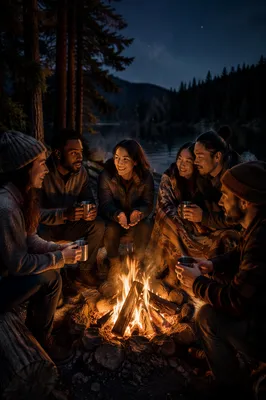Friends Around Campfire by Lakeside at Night