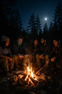 Friends Around Campfire in Forest Night