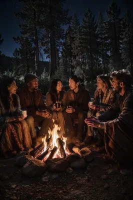 Friends Around Campfire in Forest Night