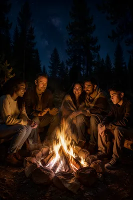 Friends Around Campfire in Forest Clearing