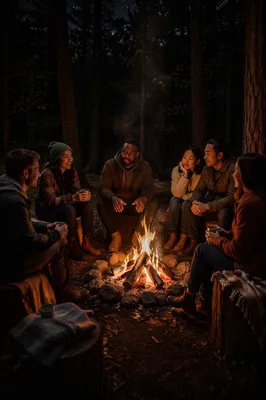 Friends Around Campfire in Forest Clearing